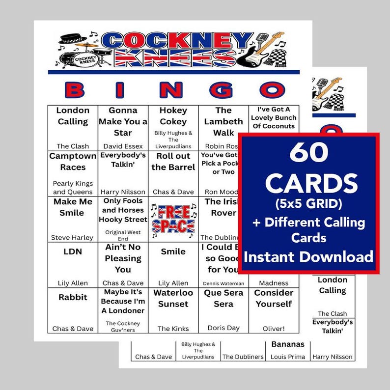 Może przedstawiać: Zestaw do gry w bingo "Cockney Knees" z 60 kartami w siatce 5x5 oraz kartami do wywoływania. Projekt jest czerwono-biało-niebieski, z tytułami piosenek takimi jak "London Calling" i "Hokey Cokey". Natychmiastowe pobieranie.