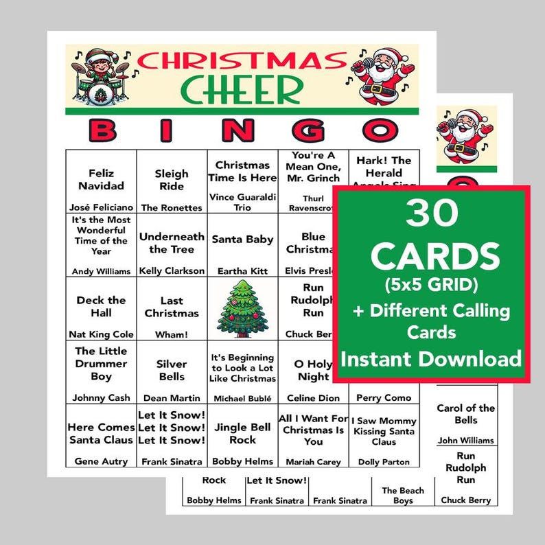 Peut inclure: Une carte de bingo de No&euml;l imprimable verte et blanche avec 30 cartes en grille 5x5. La carte pr&eacute;sente un sapin de No&euml;l, le P&egrave;re No&euml;l et d'autres images sur le th&egrave;me de No&euml;l. Le texte sur la carte comprend "Christmas Cheer", "30 Cards", "(5x5 Grid)", "Different Calling Cards", et "Instant Download".