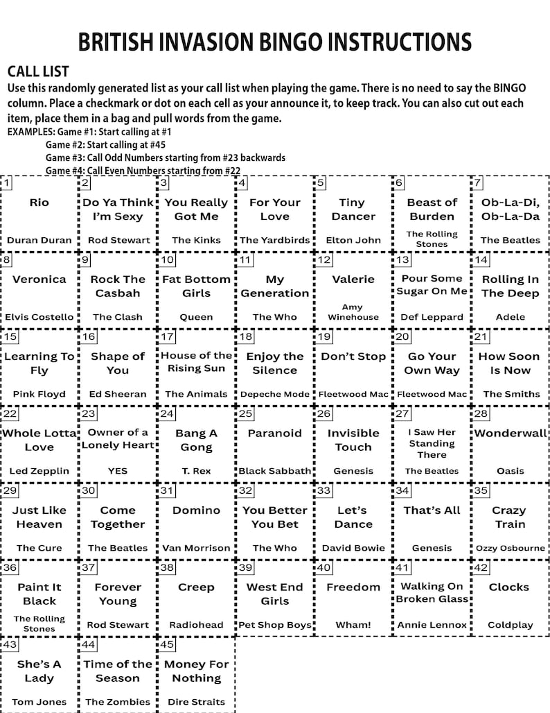 Puede incluir: Una tarjeta de juego de bingo de la Invasi&oacute;n Brit&aacute;nica con una cuadr&iacute;cula de t&iacute;tulos de canciones y nombres de artistas. La tarjeta incluye instrucciones y ejemplos para jugar, con una lista de llamadas en la parte superior.