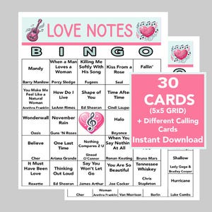 Canciones de amor, Bingo con notas de amor, Fiesta musical, Descarga digital, Juegos de bingo, Juegos imprimibles, 30 cartones de bingo, Lista de reproducción de Spotify, Día de San Valentín
