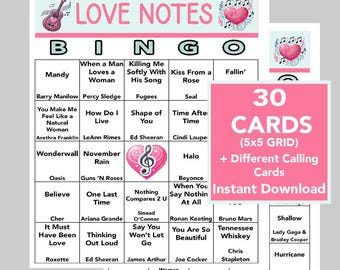 Love Songs, Love Notes Bingo, Music Party, Digital Download, Bingo Games, Printable Games, 30 Bingo cards, Spotify Playlist, Valentine's Day