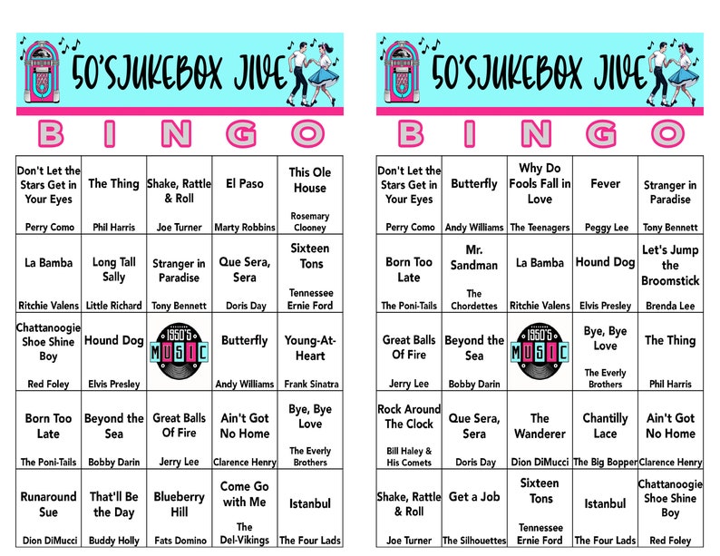 Puede incluir: Dos cartones de bingo con un tema retro de los a&ntilde;os 50, con una gramola y figuras bailando. Cada cart&oacute;n tiene una cuadr&iacute;cula de t&iacute;tulos de canciones y nombres de artistas, incluyendo "Hound Dog" y "La Bamba". La pancarta superior dice "50's Jukebox Jive".