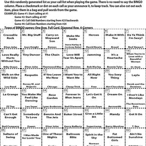 May include: A bingo game instruction sheet titled "That 70's Bingo Instructions." The sheet includes a call list with song titles and game instructions. The bingo card has a grid of song titles.