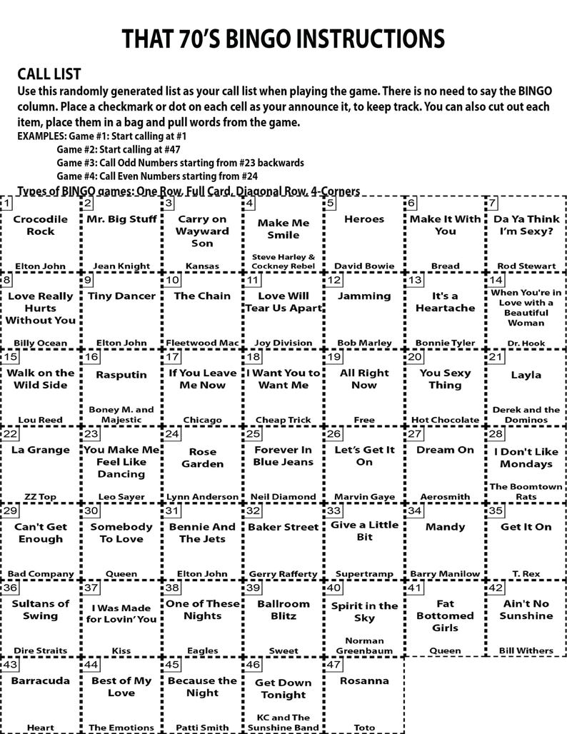 May include: A bingo game instruction sheet titled "That 70's Bingo Instructions." The sheet includes a call list with song titles and game instructions. The bingo card has a grid of song titles.