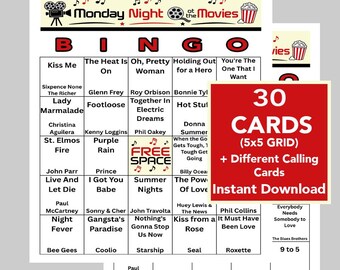 Movie Song Bingo, Movie Classics Bingo, Family Night Games, Instant Digital Download, Printable Games, 30 Different cards. Music Playlist