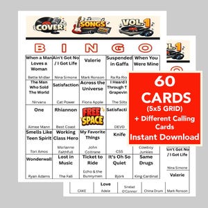 May include: A music-themed bingo game with a red and white card that says "60 CARDS (5x5 GRID) + Different Calling Cards Instant Download". The bingo cards feature song titles and artists.