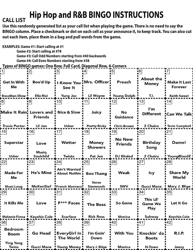 Pu&ograve; includere: Una scheda di bingo in bianco e nero con un elenco di canzoni hip hop e R&B. La scheda &egrave; divisa in una griglia 5x5 con ogni quadrato che contiene un titolo di canzone. I quadrati sono numerati da 1 a 42. La scheda &egrave; intitolata "Hip Hop and R&B Bingo Instructions".