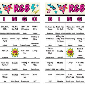 Puede incluir: Una tarjeta de bingo imprimible con un tema de R&B de los 90. La tarjeta presenta una cuadr&iacute;cula con 25 casillas, cada una con el nombre de una canci&oacute;n popular de R&B de los 90. La tarjeta est&aacute; dise&ntilde;ada con un esquema de color rosa y amarillo y presenta un gr&aacute;fico inspirado en los 90.