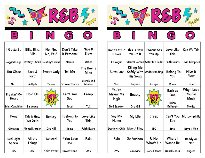 Puede incluir: Una tarjeta de bingo imprimible con un tema de R&B de los 90. La tarjeta presenta una cuadr&iacute;cula con 25 casillas, cada una con el nombre de una canci&oacute;n popular de R&B de los 90. La tarjeta est&aacute; dise&ntilde;ada con un esquema de color rosa y amarillo y presenta un gr&aacute;fico inspirado en los 90.