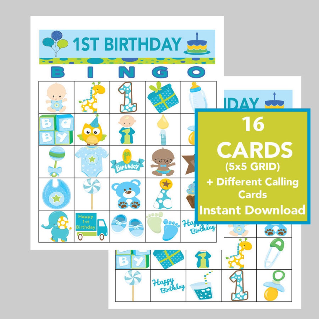 1st Birthday BOY Party Bingo 16 Cards, Download, Bingo Games, Printable ...