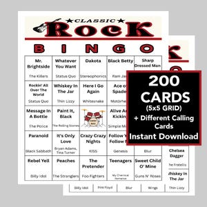 Rock classico, Bingo di musica rock, Festa di musica rock, Download digitale istantaneo, 200 cartelle bingo diverse, 55 canzoni, playlist Spotify inclusa