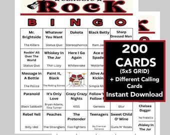 Juego de bingo de música rock clásica, 200 cartones (descarga digital)