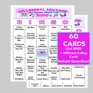 Música de los 2000, Bingo musical de los 2000, Descarga digital instantánea, Lista de reproducción de Spotify incluida, 70 canciones diferentes, 60 tarjetas de bingo únicas