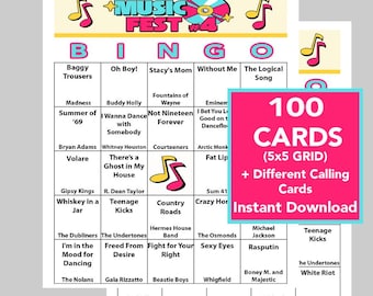 Bingo musical de los años 60, 70, 80, 90 y 2000, celebración de festivales musicales, descarga digital instantánea, 100 tarjetas diferentes, 70 canciones, lista de reproducción de Spotify