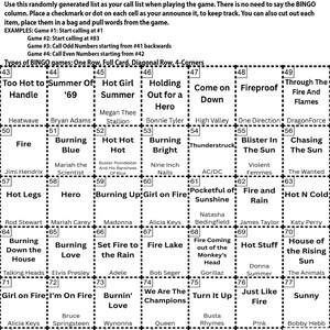 Puede incluir: Una tarjeta de bingo en blanco y negro con el t&iacute;tulo "Ignite the Night BINGO INSTRUCTIONS". La tarjeta presenta una cuadr&iacute;cula de casillas numeradas con frases como "Hot Girl Summer" y "Fireproof".