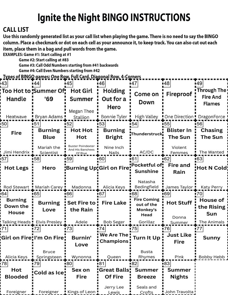 Puede incluir: Una tarjeta de bingo en blanco y negro con el t&iacute;tulo "Ignite the Night BINGO INSTRUCTIONS". La tarjeta presenta una cuadr&iacute;cula de casillas numeradas con frases como "Hot Girl Summer" y "Fireproof".