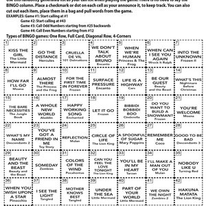 May include: A colorful bingo card with a list of popular Disney songs. The card is divided into a 5x7 grid with each square containing a song title. The card is designed for a game of bingo.