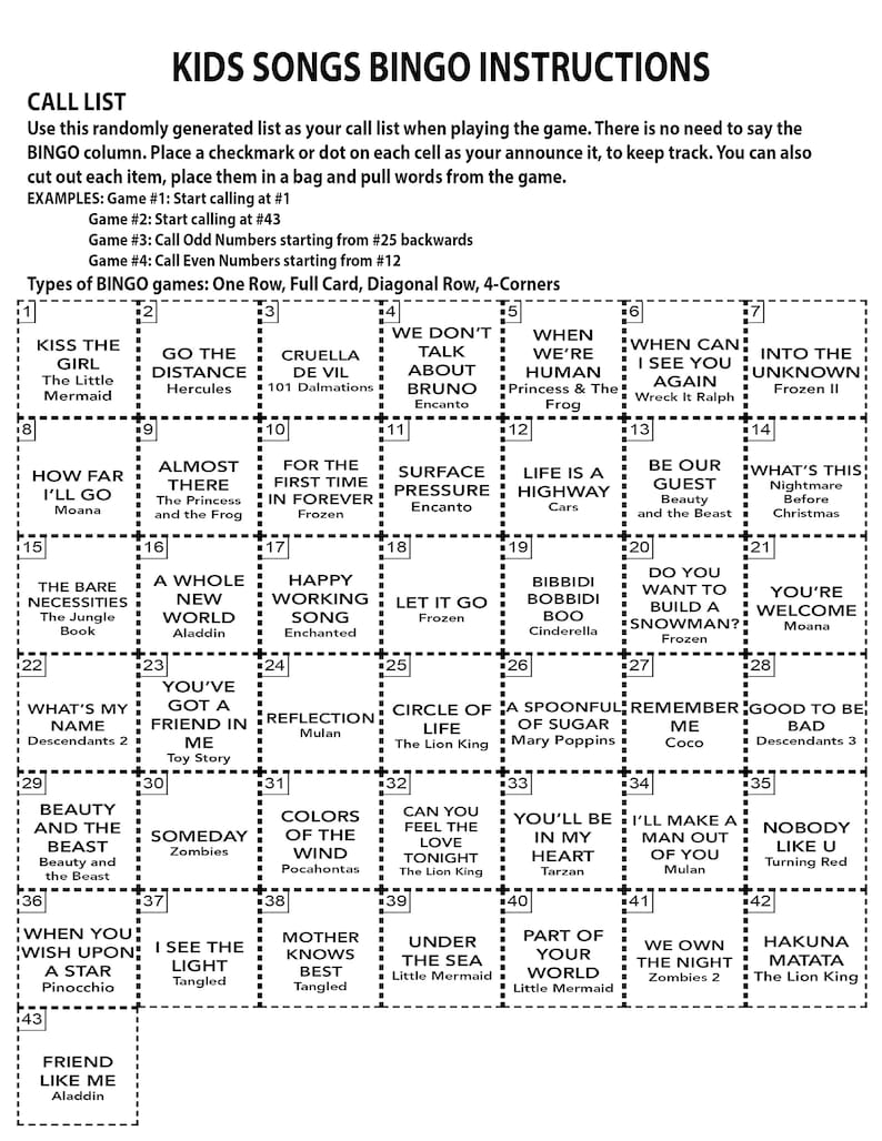 May include: A colorful bingo card with a list of popular Disney songs. The card is divided into a 5x7 grid with each square containing a song title. The card is designed for a game of bingo.