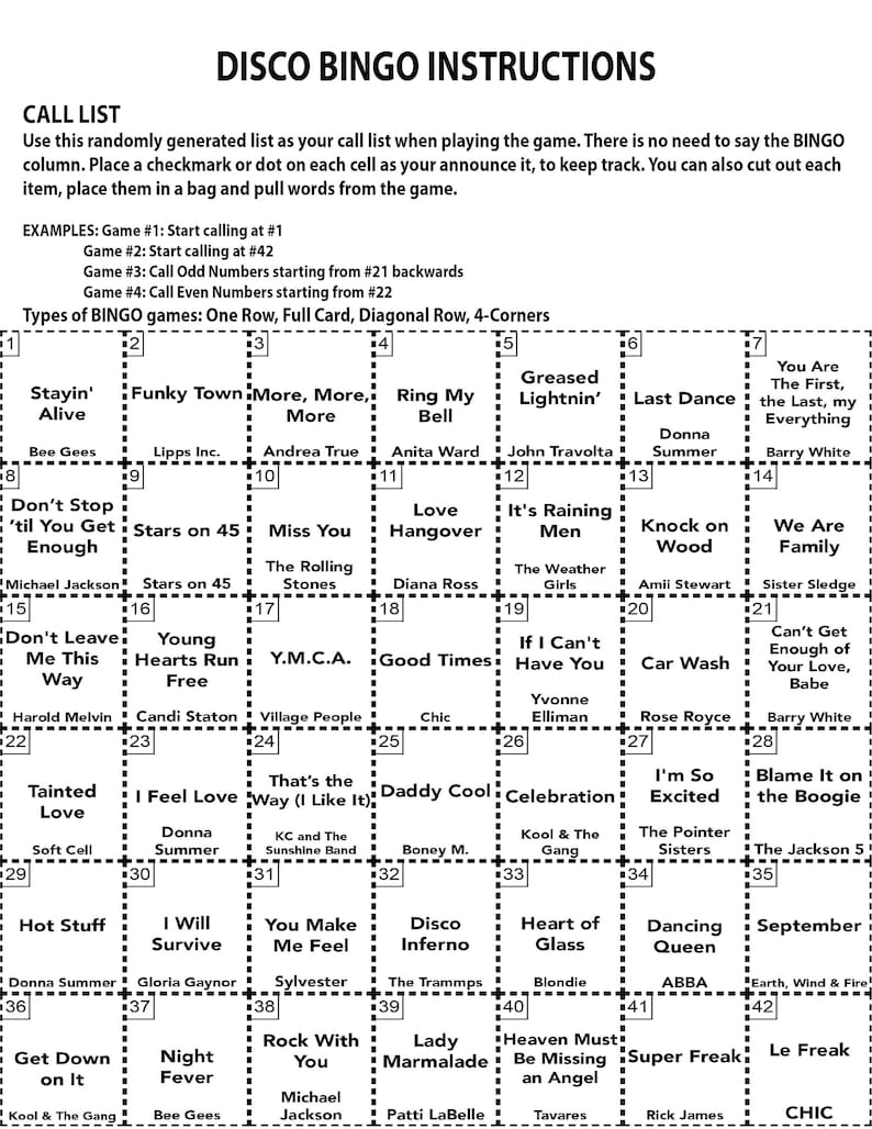 DISCO, DISCO Music Hits, DISCO Party, Dance Bingo, Instant Digital Download, Bingo Games, Printable Games, 200 Different Bingo cards image 3