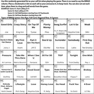 May include: R&B and Hip Hop Bingo game card with instructions. The card features a grid of squares with song titles and artist names, such as "Crazy Story" and "Beyonc&eacute;". The text "R&B + Hip Hop Edition BINGO INSTRUCTIONS" is at the top.