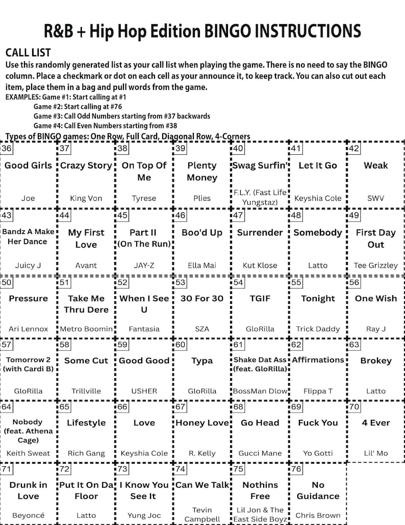 May include: R&B and Hip Hop Bingo game card with instructions. The card features a grid of squares with song titles and artist names, such as "Crazy Story" and "Beyonc&eacute;". The text "R&B + Hip Hop Edition BINGO INSTRUCTIONS" is at the top.
