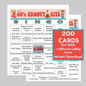 May include: A colourful bingo card with a 60s groovy theme. The card features a 5x5 grid with popular songs from the 1960s. The card is titled "60's Groovy Hits Bingo".