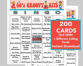 60's Music Hits, 60's Party, 60's Birthday, sofortiger digitaler Download, Bingo-Spiele, Spotify-Wiedergabeliste enthalten, 200 verschiedene Bingokarten