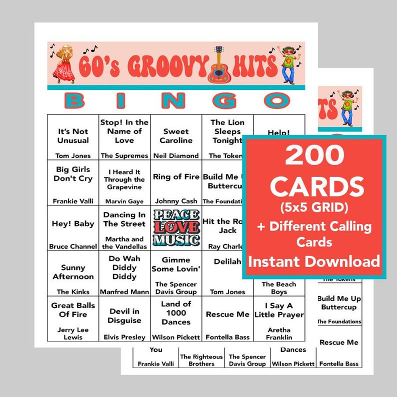 May include: A colourful bingo card with a 60s groovy theme. The card features a 5x5 grid with popular songs from the 1960s. The card is titled "60's Groovy Hits Bingo".