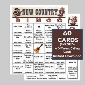 Música country, jogo de bingo de sucessos country, festa de música country, download digital, jogos de bingo, 60 cartões de bingo diferentes, lista de reprodução do Spotify