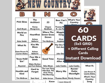 Música country, juego de bingo de éxitos country, fiesta de música country, descarga digital, juegos de bingo, 60 cartones de bingo diferentes, lista de reproducción de Spotify