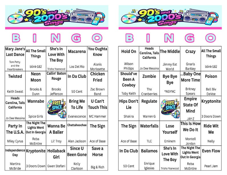 K&ouml;nnte beinhalten: Zwei Bingokarten mit einem rosa und blauen Design mit dem Text "90's and 2000's Songs". Jede Karte hat ein Raster mit Songtiteln und K&uuml;nstlernamen. Die Oberseite der Karten hat eine Grafik einer CD und einer Boombox.