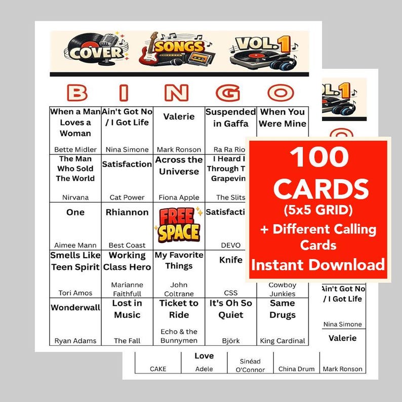 May include: A music-themed bingo card set. The bingo cards feature song titles and artist names. The set includes 100 cards in a 5x5 grid, plus different calling cards. The words "Instant Download" are also visible.