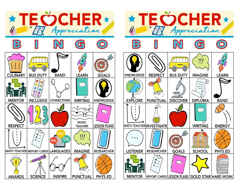 Teacher Appreciation Bingo Game, 30 Cards (instant Download) - Etsy