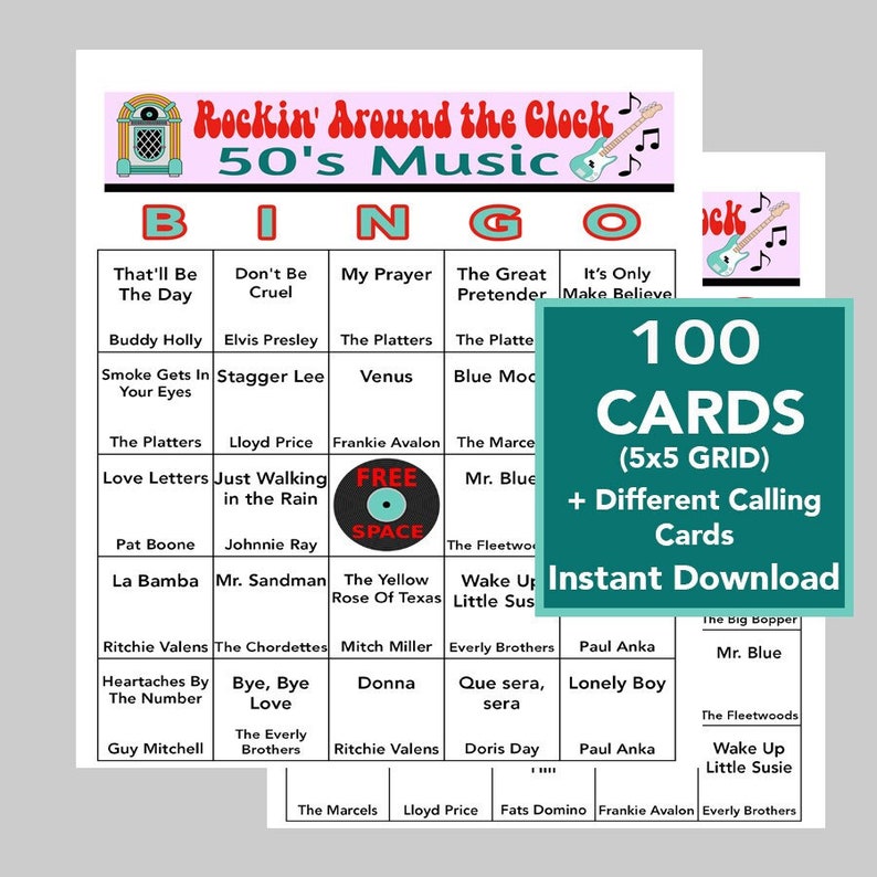 May include: A bingo game set with a 50's music theme. The game includes 100 cards with a 5x5 grid, featuring song titles from the era. The set also includes calling cards and is available for instant download.