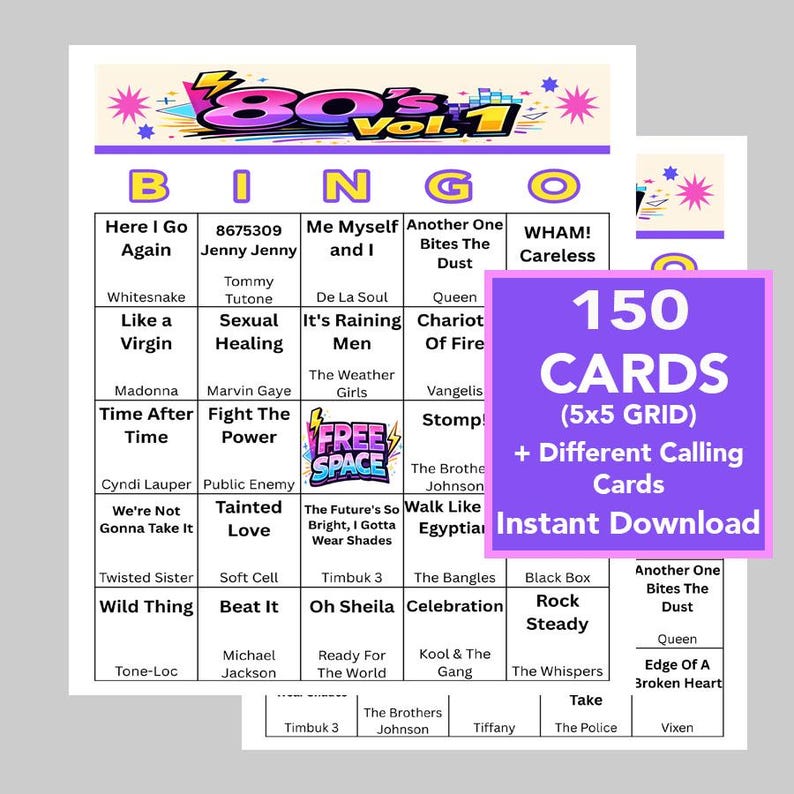 Puede incluir: Un juego de tarjetas de bingo con tem&aacute;tica de los a&ntilde;os 80, con t&iacute;tulos de canciones y el texto "80's Vol. 1". El juego incluye 150 tarjetas con una cuadr&iacute;cula de 5x5 y diferentes tarjetas de llamada. El dise&ntilde;o incorpora colores vibrantes y una fuente l&uacute;dica.