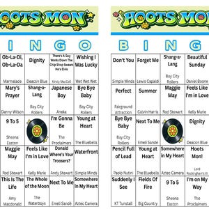 Peut inclure: Deux cartes de Bingo Hoots Mon au design r&eacute;tro. Chaque carte pr&eacute;sente une grille de titres de chansons, avec le mot "Bingo" en haut. Les cartes ont une esth&eacute;tique color&eacute;e et vintage, parfaite pour une soir&eacute;e &agrave; th&egrave;me.