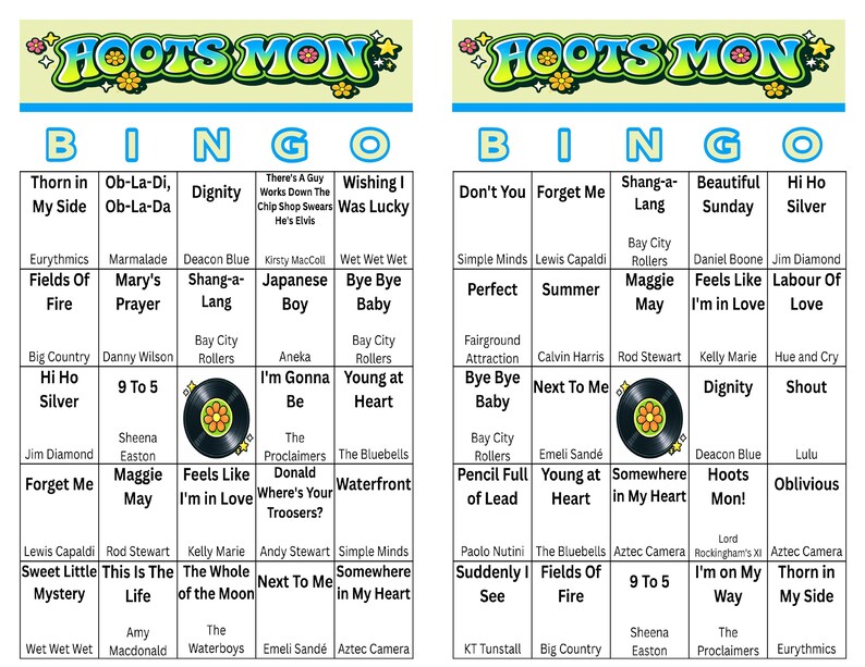 Peut inclure: Deux cartes de Bingo Hoots Mon au design r&eacute;tro. Chaque carte pr&eacute;sente une grille de titres de chansons, avec le mot "Bingo" en haut. Les cartes ont une esth&eacute;tique color&eacute;e et vintage, parfaite pour une soir&eacute;e &agrave; th&egrave;me.