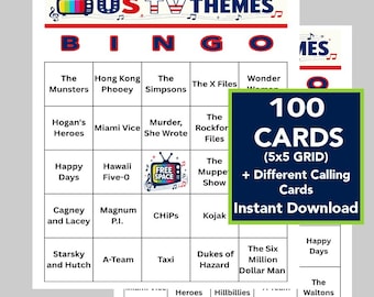 US TV Theme Songs Bingo Game, US Television Music, 100 Different Cards (Instant Download), Music Playlists Included