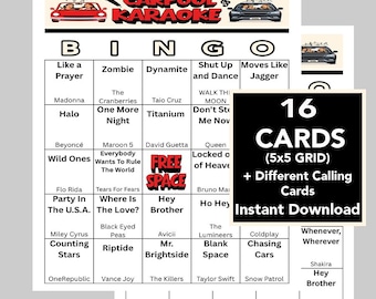 Carpool Karaoke, mix 80's, 90's, 2000's, 2010's, 2020's, Music Bingo, Instant Digital Download, 16 Different Bingo cards, Music Playlist