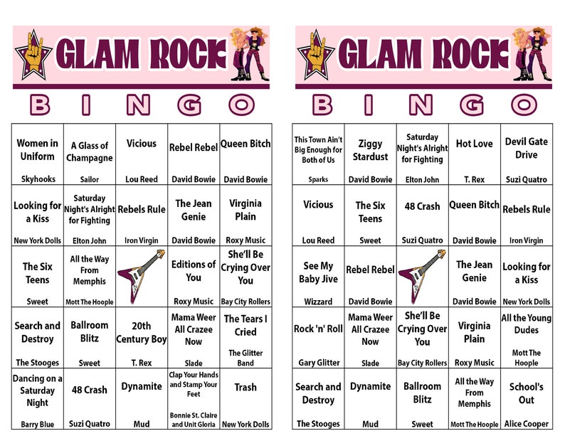 Puede incluir: Una tarjeta de bingo rosa y blanca con un tema de glam rock. La tarjeta presenta nombres de bandas y m&uacute;sicos de la d&eacute;cada de 1970, incluyendo David Bowie, T. Rex y Suzi Quatro.