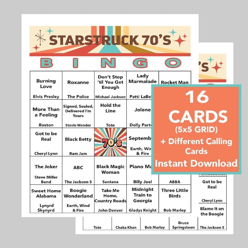 May include: A printable bingo card with a 70's theme. The card has a 5x5 grid with squares containing song titles and artist names from the 1970s. The card is titled "Starstruck 70's Bingo".