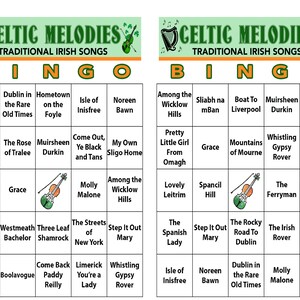 May include: Two Celtic Melodies Bingo cards with traditional Irish songs. Each card has a green header with the text "Celtic Melodies" and "Traditional Irish Songs". The cards feature song titles in a grid format, with a harp and violin graphic.