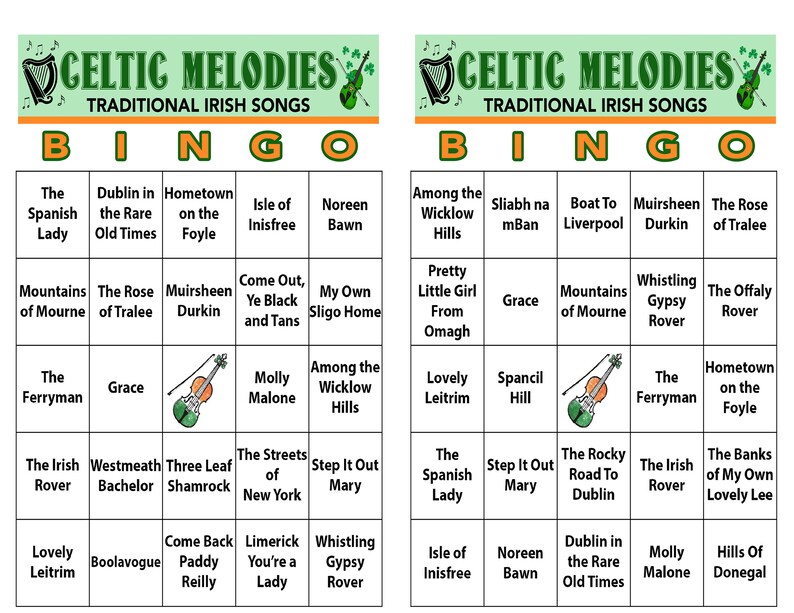 May include: Two Celtic Melodies Bingo cards with traditional Irish songs. Each card has a green header with the text "Celtic Melodies" and "Traditional Irish Songs". The cards feature song titles in a grid format, with a harp and violin graphic.