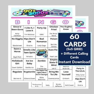 May include: A bingo game set with a 90s and 2000s music theme. The game includes 60 cards with a 5x5 grid and different calling cards. The bingo cards feature song titles and artists from the 90s and 2000s.