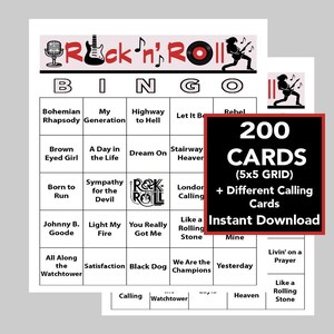 Rock'n'roll, bingo rock'n'roll, jeux de musique, soirée rock'n'roll, téléchargement numérique instantané, 200 cartes de bingo, liste de lecture Spotify incluse