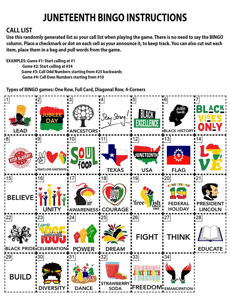 Juneteenth, Freedom Day, Juneteenth Game, Black History Bingo, Black History Games, Instant Download, Call List Included, 60 Different Cards image 3