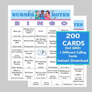 Juego de la semana de agradecimiento a las enfermeras, bingo de graduación de enfermeras, jubilación de enfermeras, bingo médico, canción de enfermeras, descarga digital, 200 tarjetas diferentes