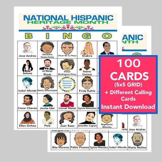 Hispanic History Month, National Hispanic Month, Hispanic Bingo, Hispanic History Games,  Group Activity, Digital Download, 100 Cards