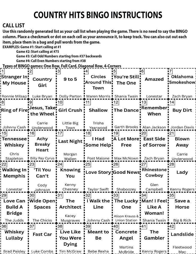 K&ouml;nnte beinhalten: Eine schwarz-wei&szlig;e Bingo-Karte mit dem Titel "COUNTRY HITS BINGO INSTRUCTIONS". Die Karte zeigt ein Raster von Feldern mit Country-Musik-Songtiteln und K&uuml;nstlernamen. Anweisungen sind ebenfalls enthalten.