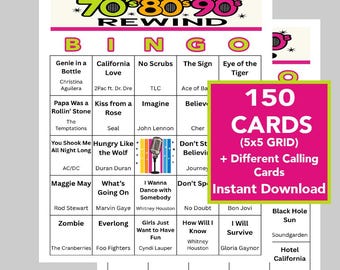 May include: A bingo game set with a retro theme, featuring a colorful design with the text "70's 80's 90's Rewind." The set includes 150 cards with a 5x5 grid and different calling cards. The game features popular songs from the 70s, 80s, and 90s.